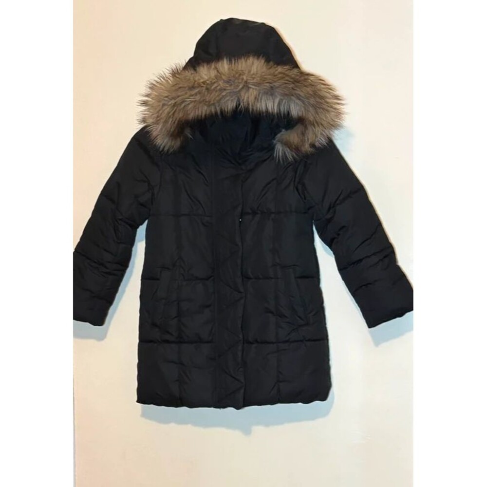 Gap Girls Black Hooded Puffer Coat Size S Faux Fur Trim Zip Down Insulated